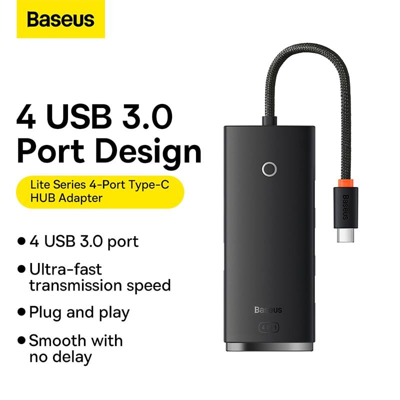 USB-хаб BASEUS Lite Series 4-Port Type-C HUB Adapter Type-C to USB 3.0х4 25 см Black (WKQX030301) - фото 11