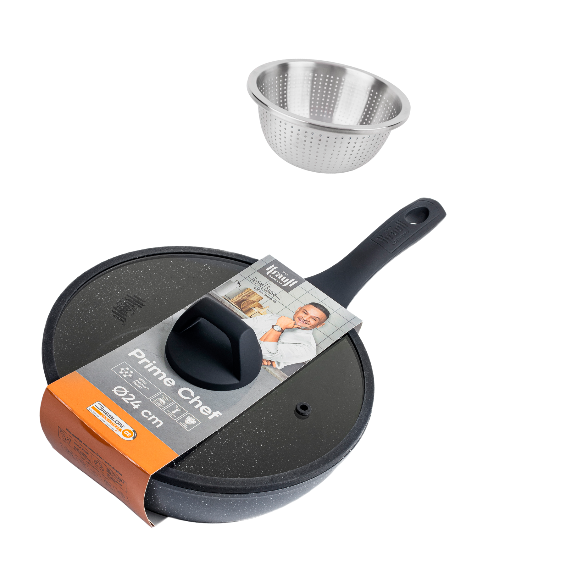 Сковорода глубокая с крышкой Krauff Prime Chef 26 см с разделочной доской Kunststoff и сумкой-шоппером (55-333-528)
