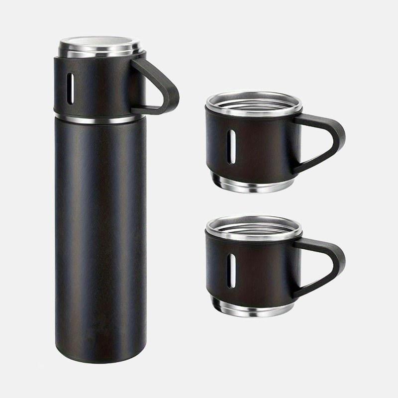 Набор Vacuum Flask термос и 3 чашки для горячих напитков 500 мл Black