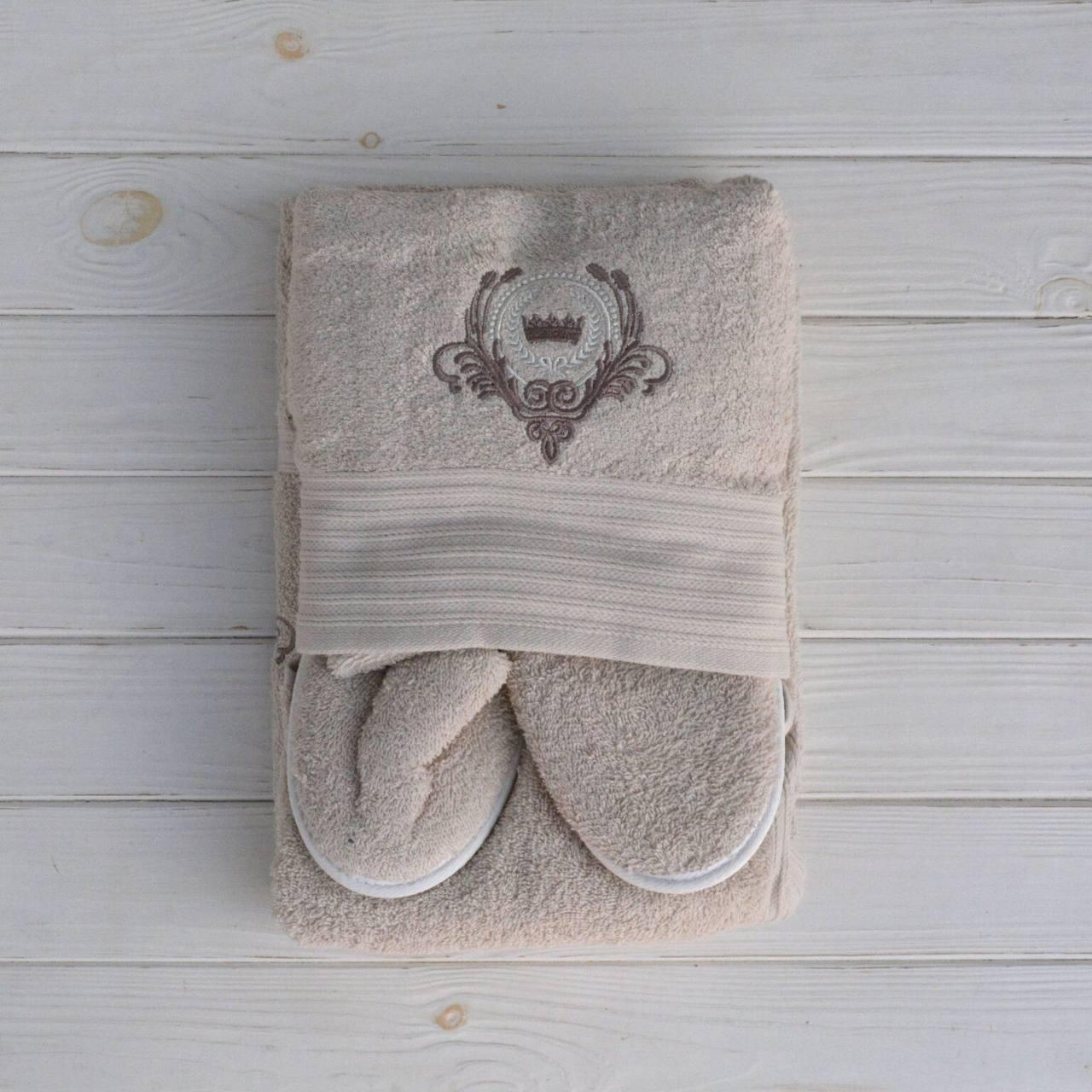 Рушник махровий Парео-кілт для бані та рук з капцями Бежевий (2243895549)