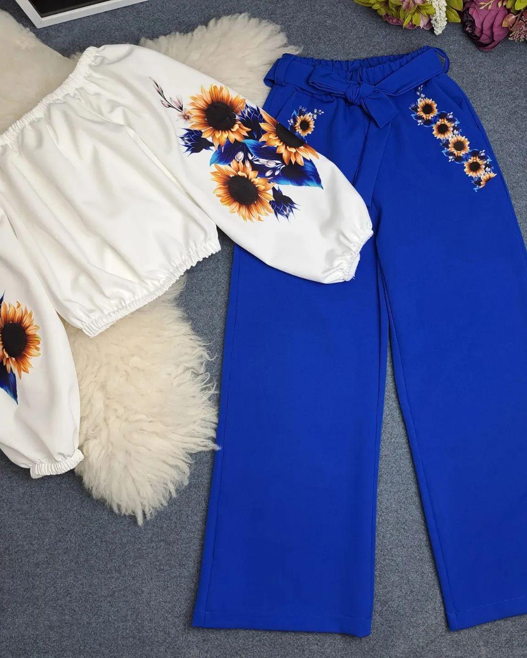 Костюм вышиванка весенний двойка палаццо/топ с длинным рукавом 146 см Синий - фото 1 Костюм вышиванка весенний двойка палаццо/топ с длинным рукавом 146 см Синий - фото 1