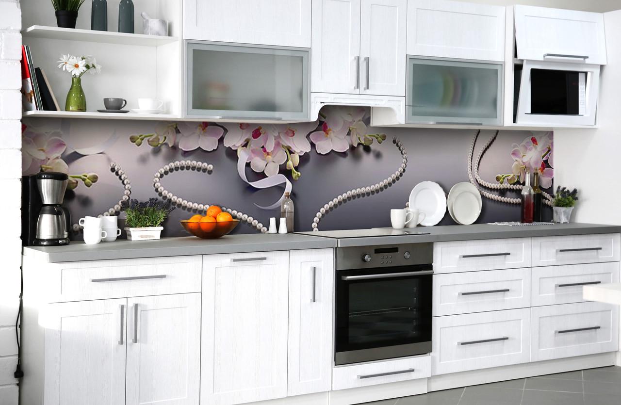 Кухонный фартук Жемчуг и орхидеи из самоклеющейся виниловой пленки 65х250 см Серый