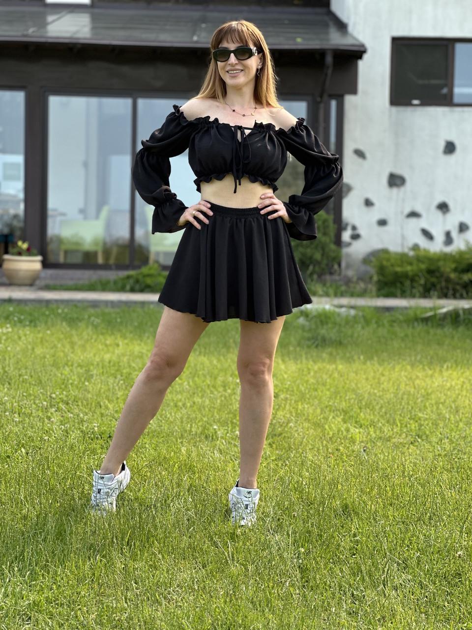 Костюм женский из креп жатки топ с длинными рукавами и юбка-шорты Черный (2641230494)