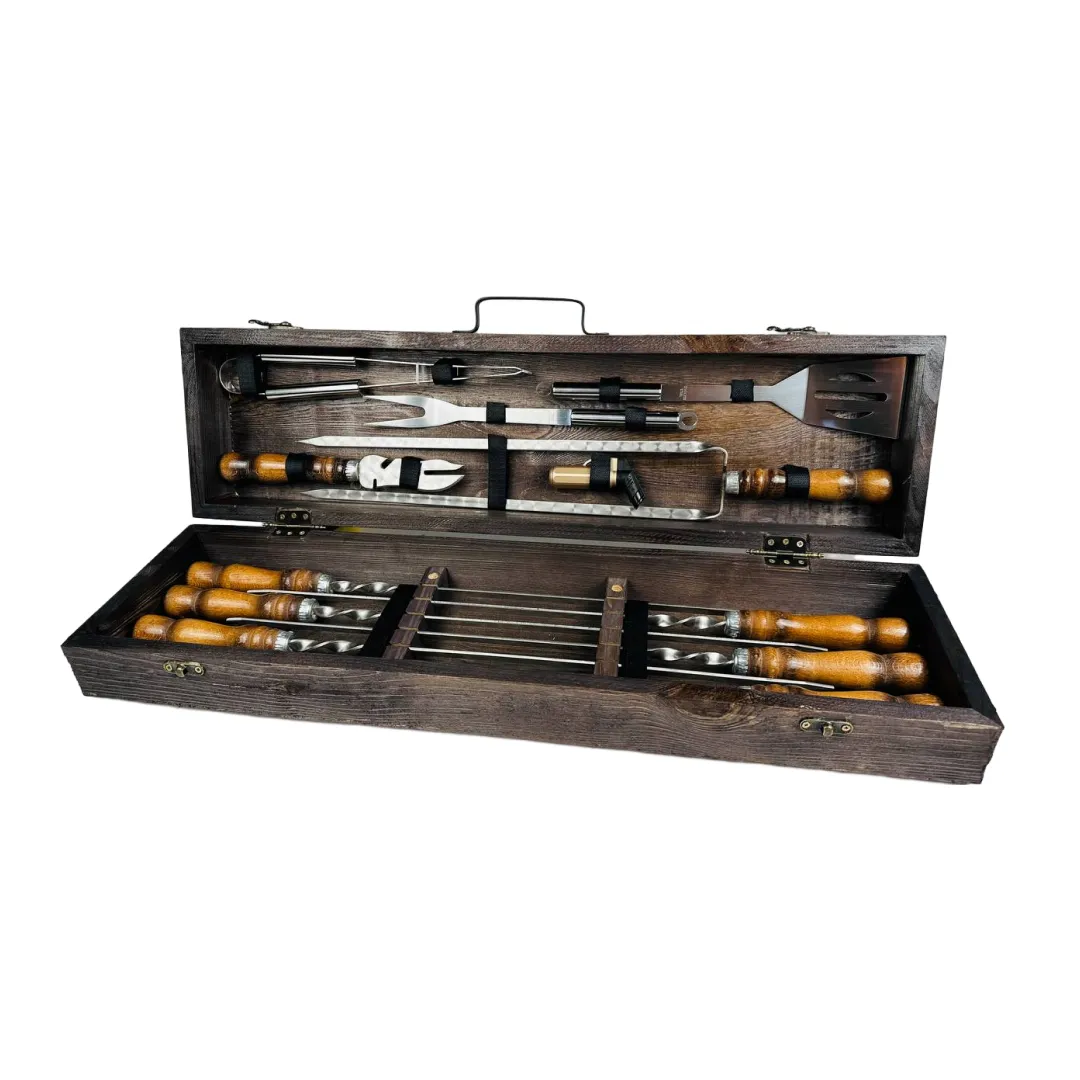 Набор шампуров в кейсе BBQ Мини маленький из нержавеющей стали деревянный (2-10-KS-7707)