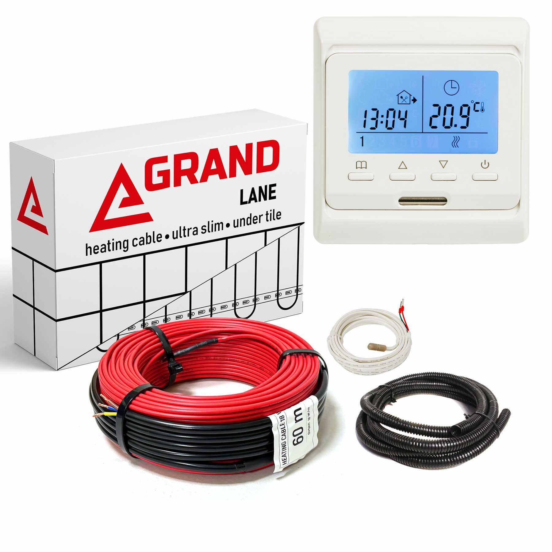 Теплый пол Grand Lane 1,9 м2/270 Вт/15 м нагревательный кабель glc2715k3 под плитку 18 Вт/м и терморегулятор программируемый Белый