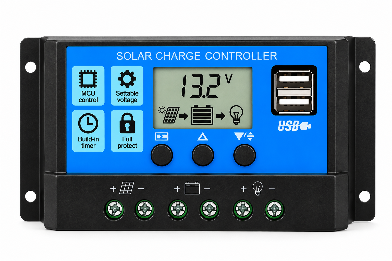 ШИМ-контроллер заряда солнечных панелей с LCD-дисплеем и 2xUSB 30A 12/24V Max PV 50V 420/840W (37983648)