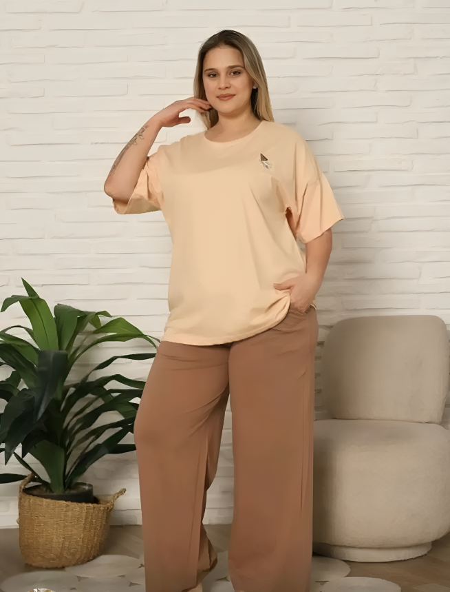 Пижама женская хлопковая Nicoletta 20072к брюки с футболкой батал 2XL Бежевый