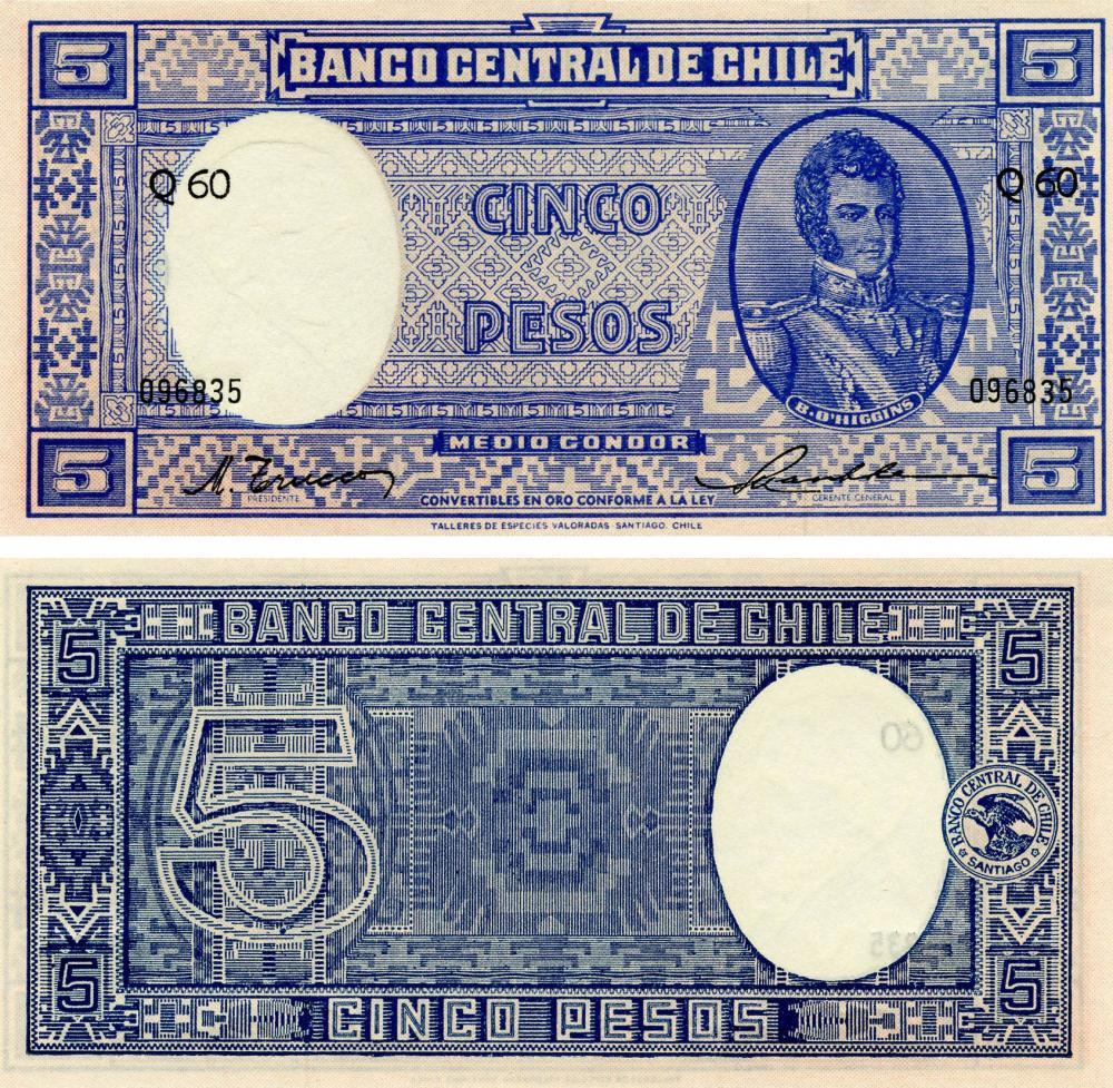 Коллекционная банкнота Чили 5 песо 1947-1958 AU-UNC P110 (Б13181)