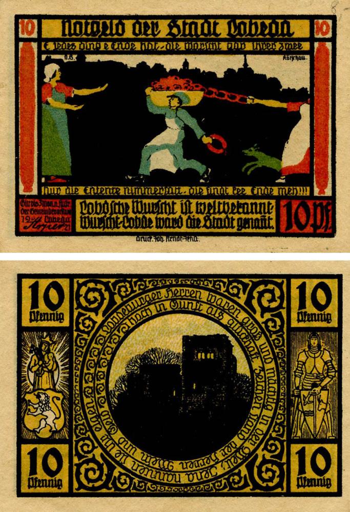 Коллекционная банкнота Германия Нотгельд 10 пфеннигов 1921 F-VF Кобеда (Б18426)