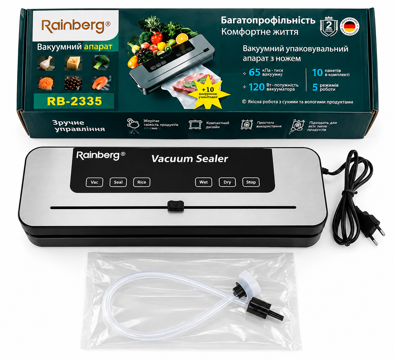 Вакуумный упаковщик Rainberg RB-2335 120 Вт шов 30 см встроенный нож серый (ML-07000) Вакуумный упаковщик Rainberg RB-2335 120 Вт шов 30 см встроенный нож серый (ML-07000)