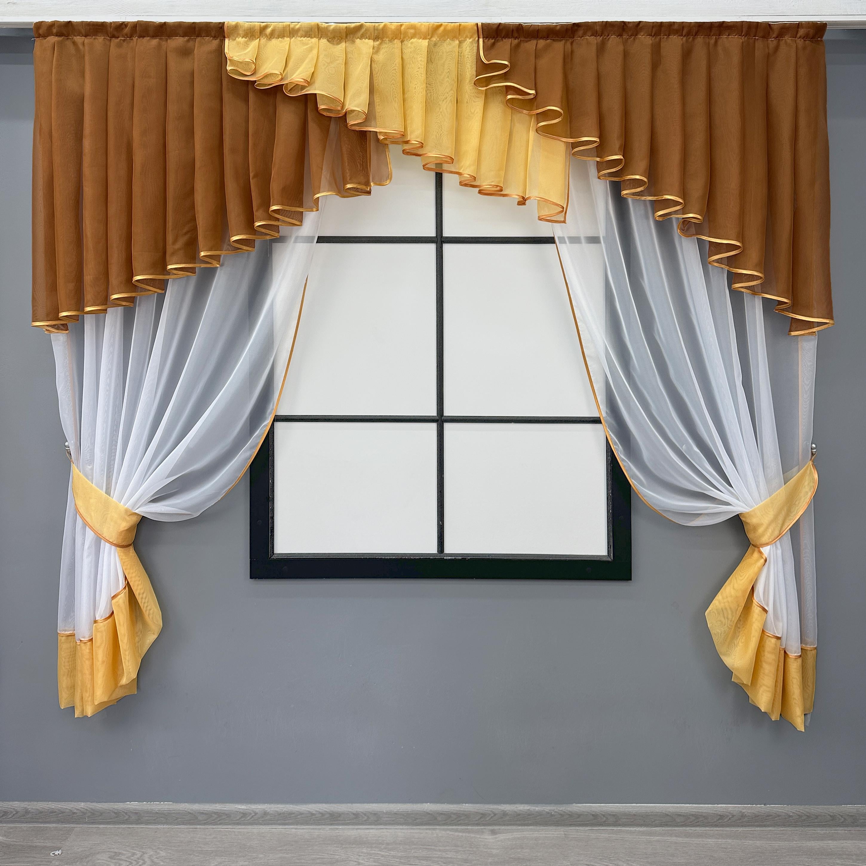 Занавеска кухонная VR-Textil № 049к с ламбрекеном 200х170 см Коричневый/Янтарный/Белый (50-119)