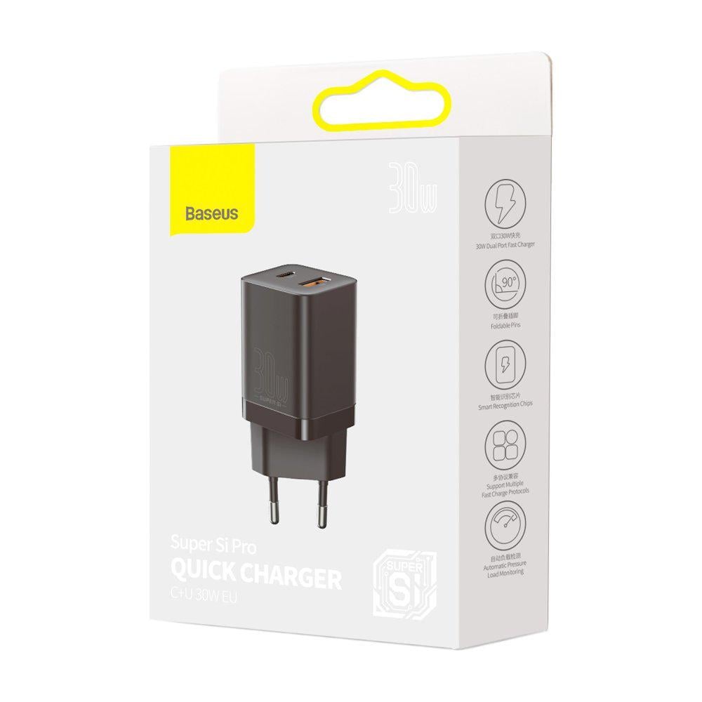 Зарядний пристрій мережевий для Baseus Super Si Pro Quick Charger C+U 30W EU Black (CCSUPP-E01)