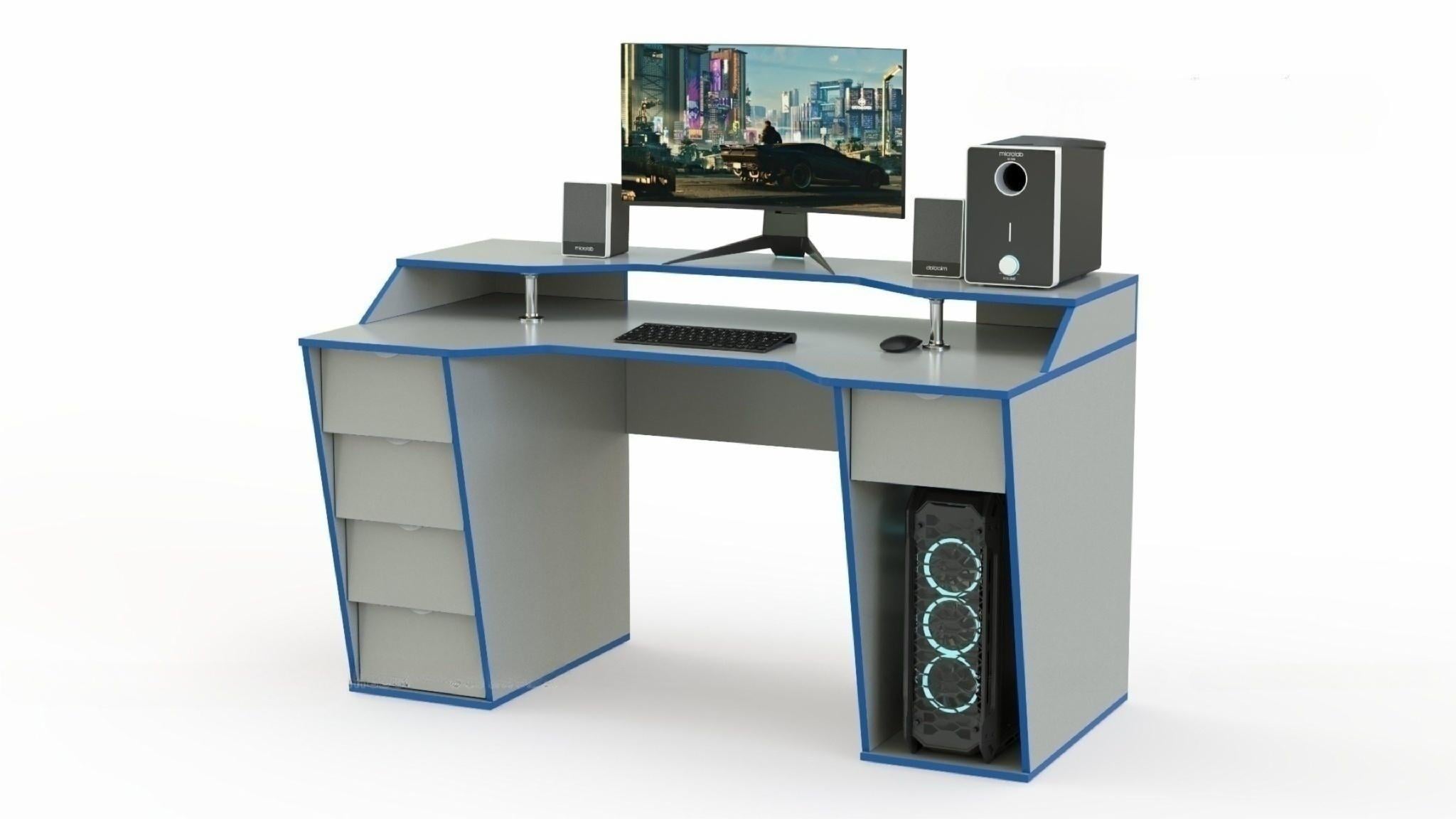 Геймерський стіл COMFORT X1400 з надбудовою та ящиками Сірий з синім