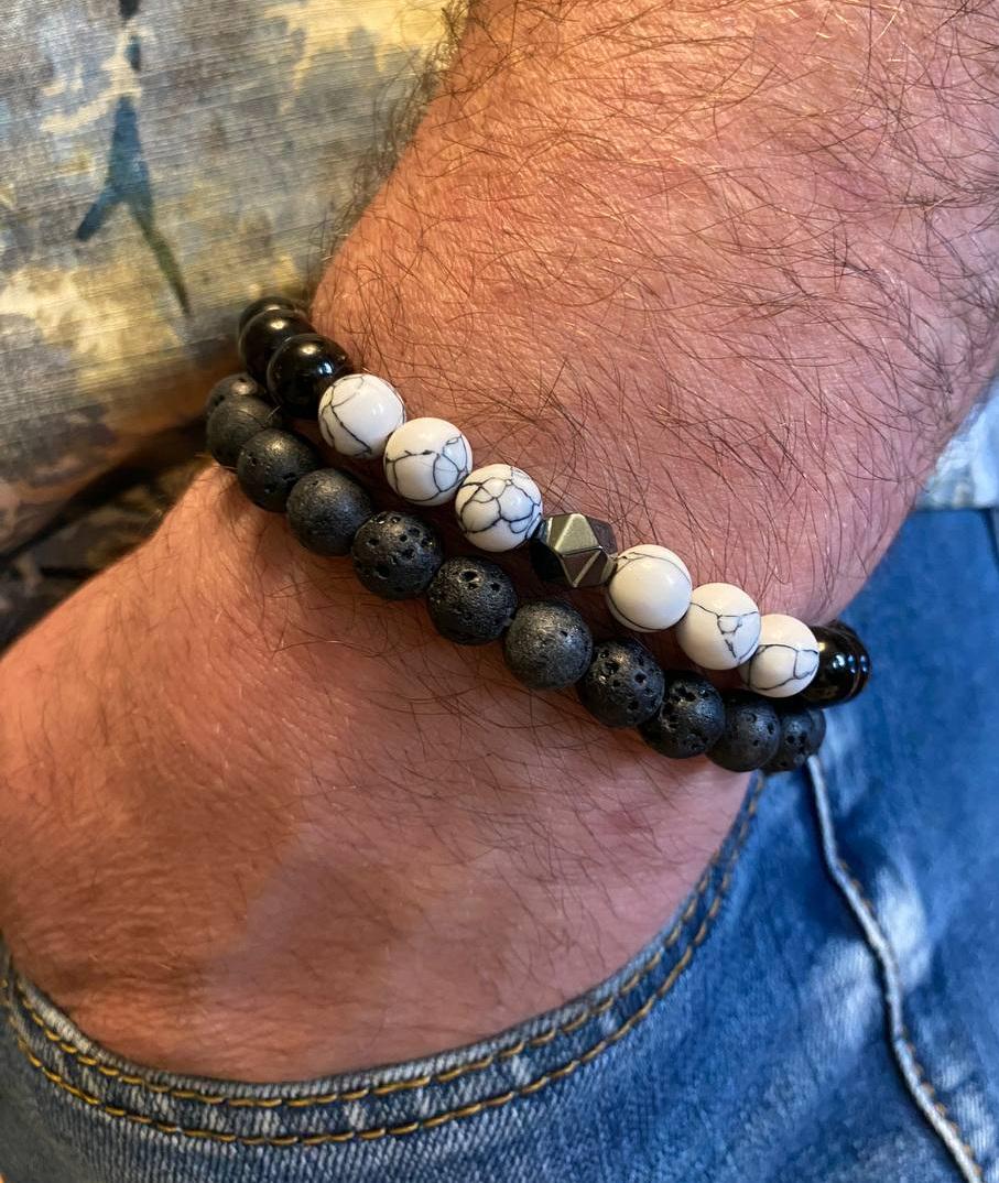 Браслет LITAURS из натуральных камней обсидиан/лавовый камень и вставками говлит/гематит М 15-17 см 2 шт. (250207) - фото 2 Браслет LITAURS из натуральных камней обсидиан/лавовый камень и вставками говлит/гематит М 15-17 см 2 шт. (250207) - фото 2