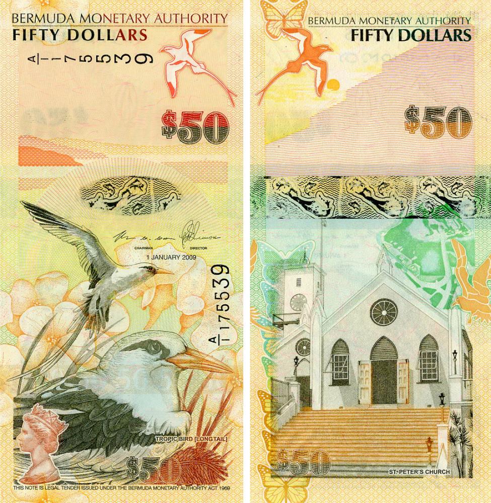 Банкнота колекційна Бермуди 50 доларів 2009 2012 UNC Птахи - Фаетони (P61A)
