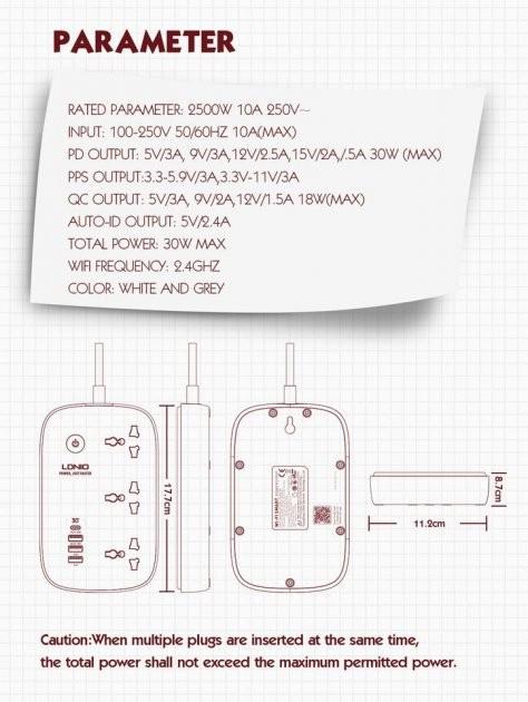 Удлинитель сетевой LDNIO SCW3451 WiFi управление 3USB/1Type-C QC/PD 3A 30W 3 розетки 2500 W 2 м White - фото 9