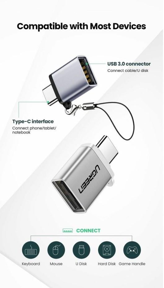 Адаптер Ugreen OTG Type-C to USB 3,0 с карабином Space grey (US270) - фото 4 Адаптер Ugreen OTG Type-C to USB 3,0 с карабином Space grey (US270) - фото 4