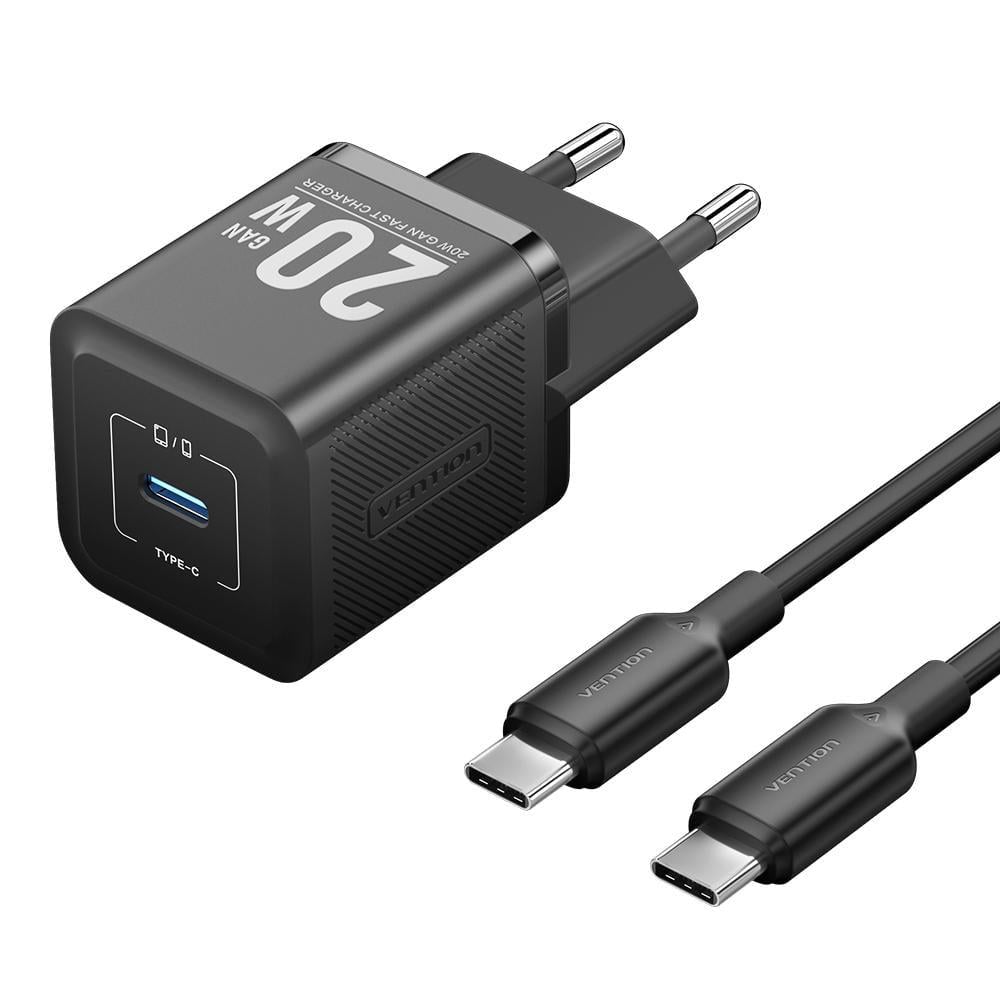 Зарядный комплект сетевой Vention GaN 20 Вт/кабель USB-C 1 м Черный (TZ-FEPB0-EU-01)