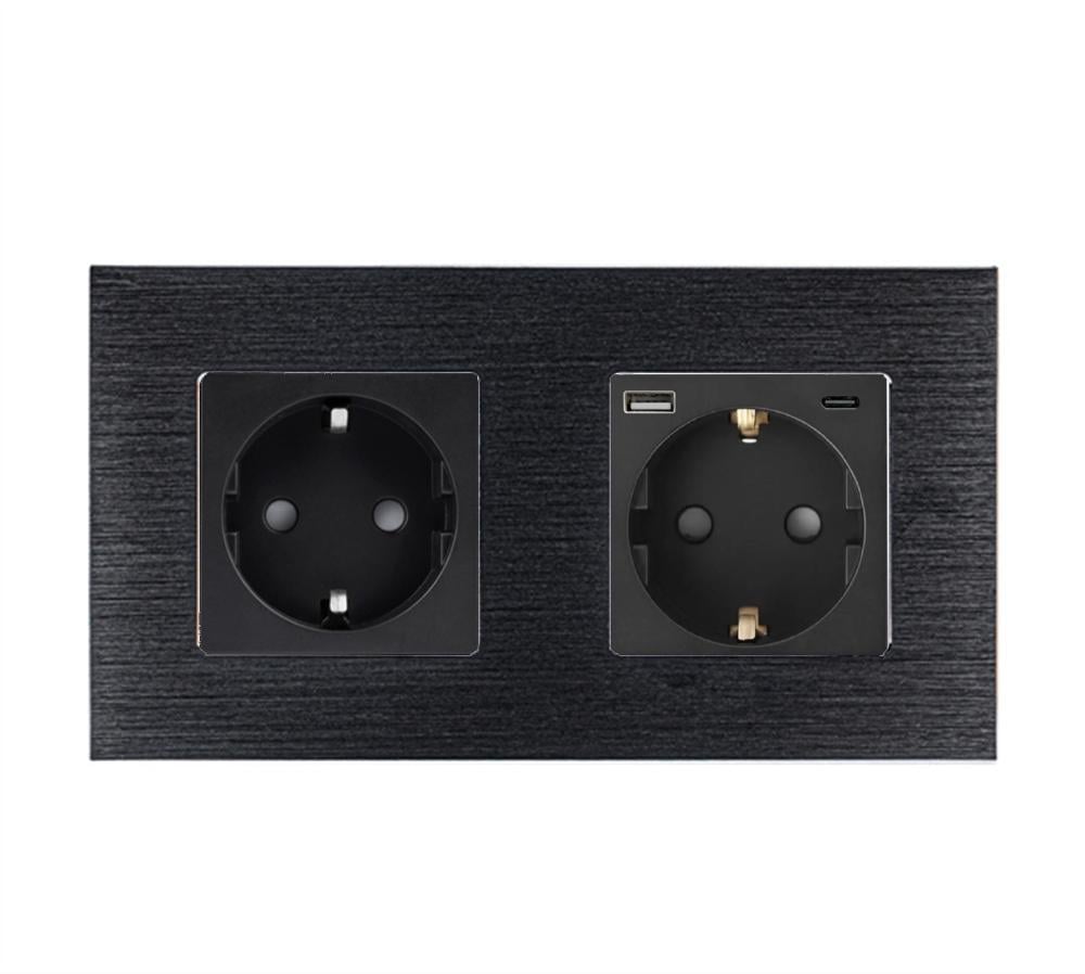 Розетка двойная WALLPAD с USB A+C 20Вт с заземлением/шторками 250В 16А алюминиевая рамка Черный (WP-M2FGAC-BK)