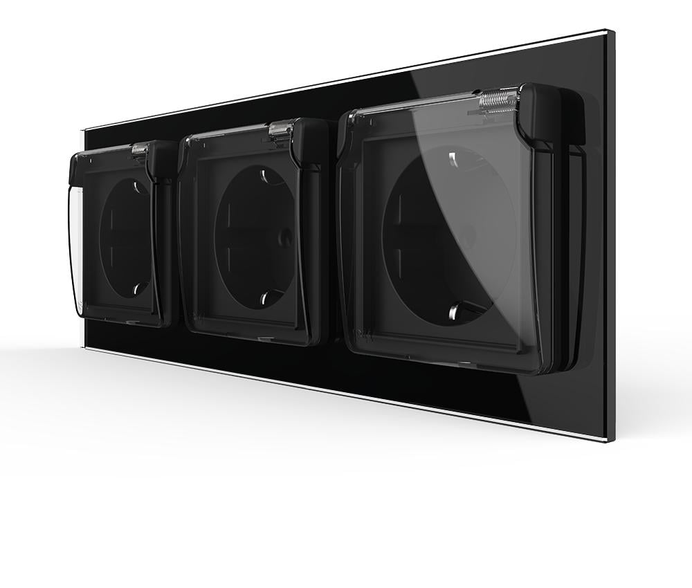 Розетка тройная LIVOLO с крышкой IP44 с заземлением/шторками 250В 16А стеклянная рамка Черный (VL-C7FCTC16A/XW001-6BP)