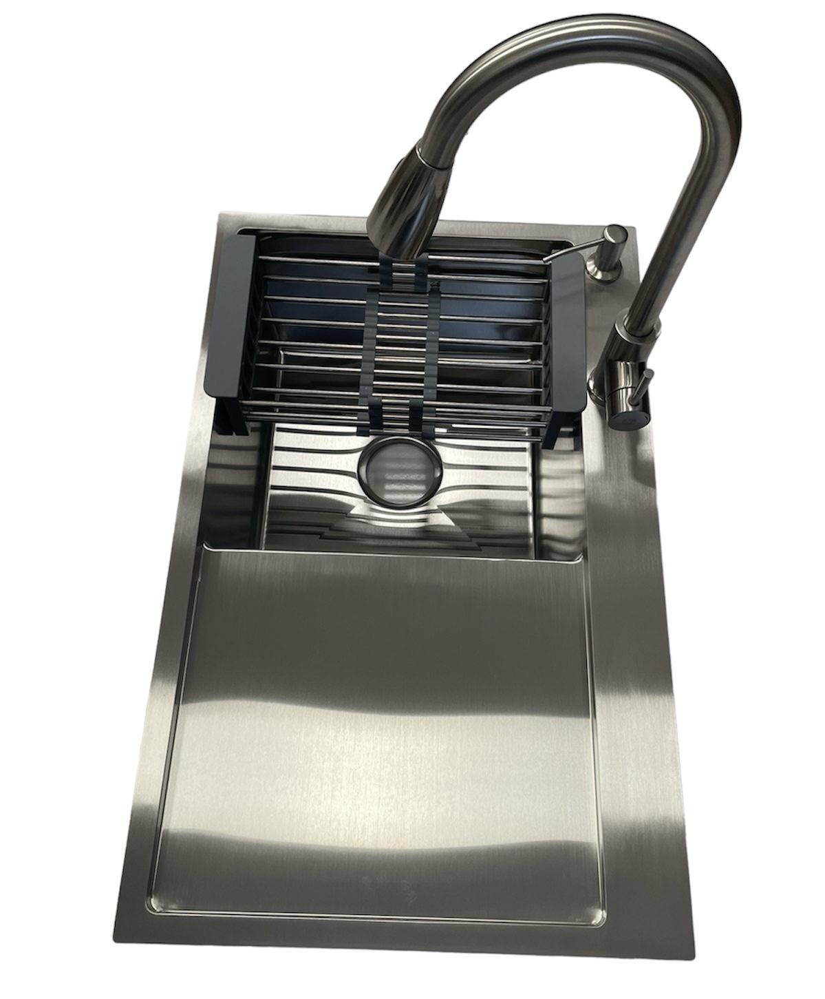 Мойка для кухни Lidz 7849BL левая и смеситель для кухни Aria 015FL с выдвижным изливом Nickel Lidz