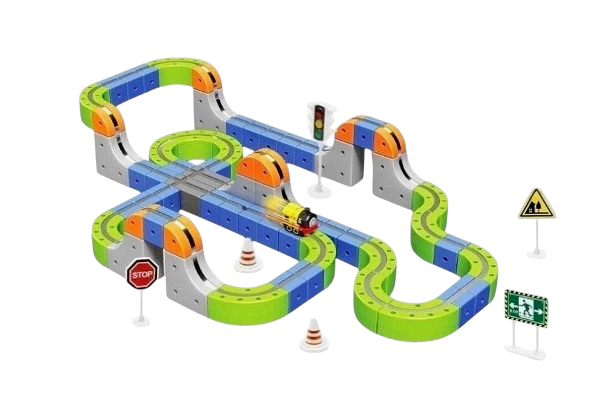 Конструктор-трасса магнитный DUMKO с моторным поездом USB и мостами 126 дет. (MDUM126)