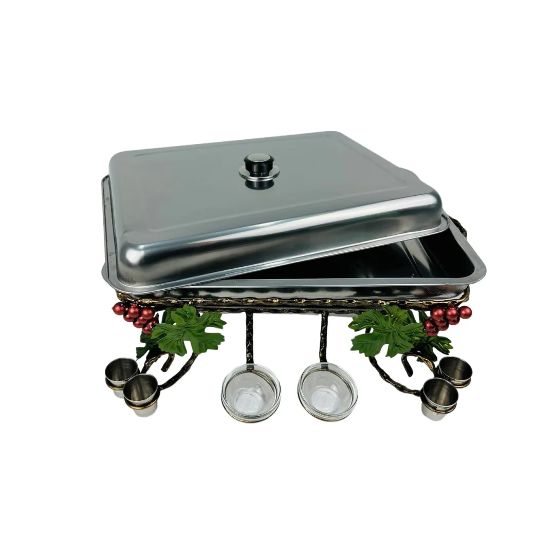 Садж прямоугольный с соусницами и стопками для подачи и подогрева пищи Виноград из нержавеющей стали (2-10-SJ-6583)