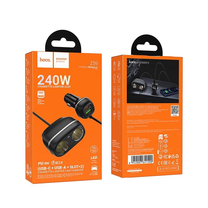 Зарядное устройство автомобильное Hoco Z59 Rank 48W dual port PD30W+QC3.0 dual cigarette lighter slot car charger Black (6942007641500) - фото 2 Зарядное устройство автомобильное Hoco Z59 Rank 48W dual port PD30W+QC3.0 dual cigarette lighter slot car charger Black (6942007641500) - фото 2