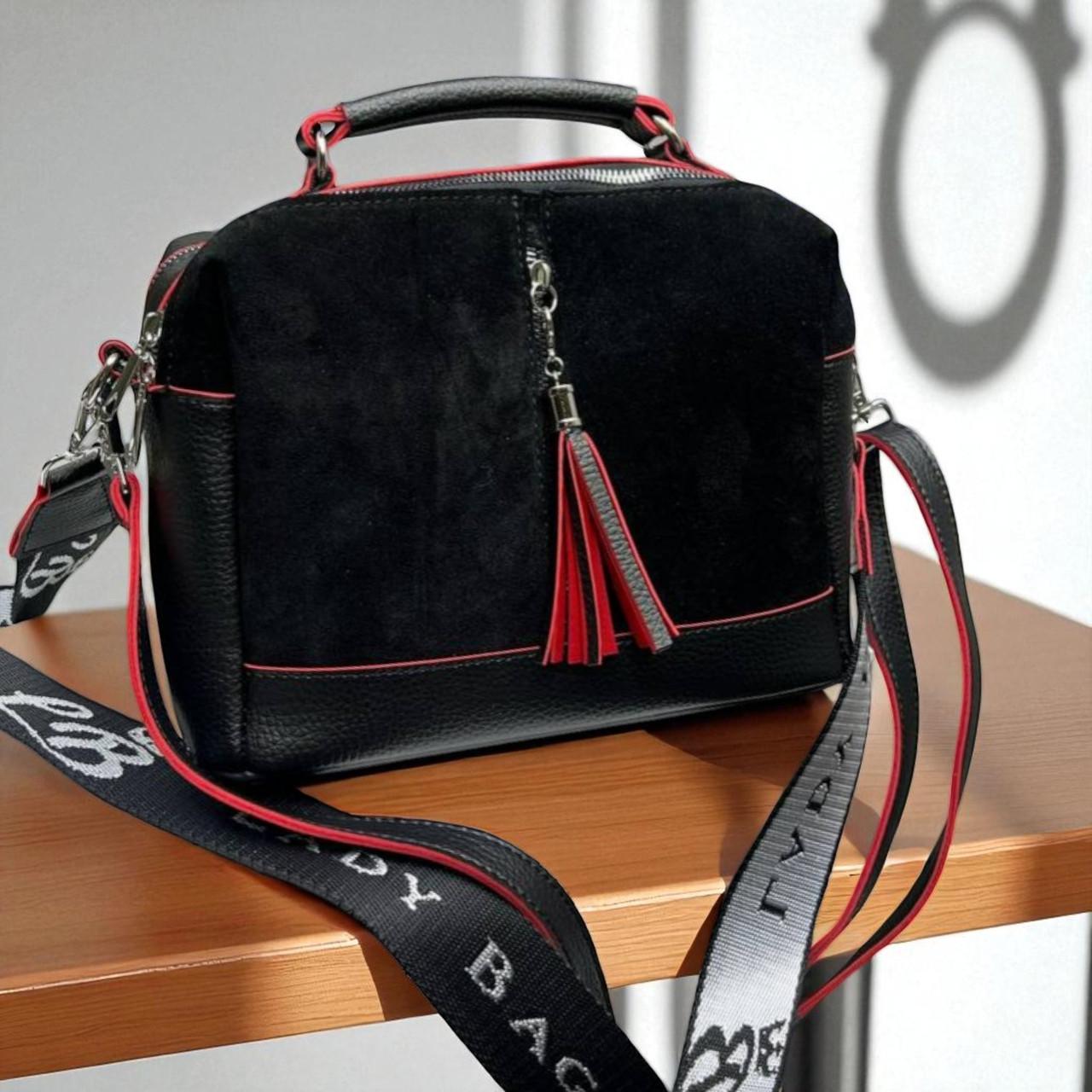 Сумка женская маленькая через плечо замшевая кросс боди с широким ремнем Черный с красным