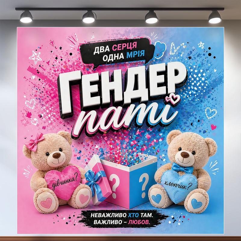 Баннер на Гендер пати Два сердца одна мечта с мишками и конфетти 200x200см, №48514 Баннер на Гендер пати Два сердца одна мечта с мишками и конфетти 200x200см, №48514