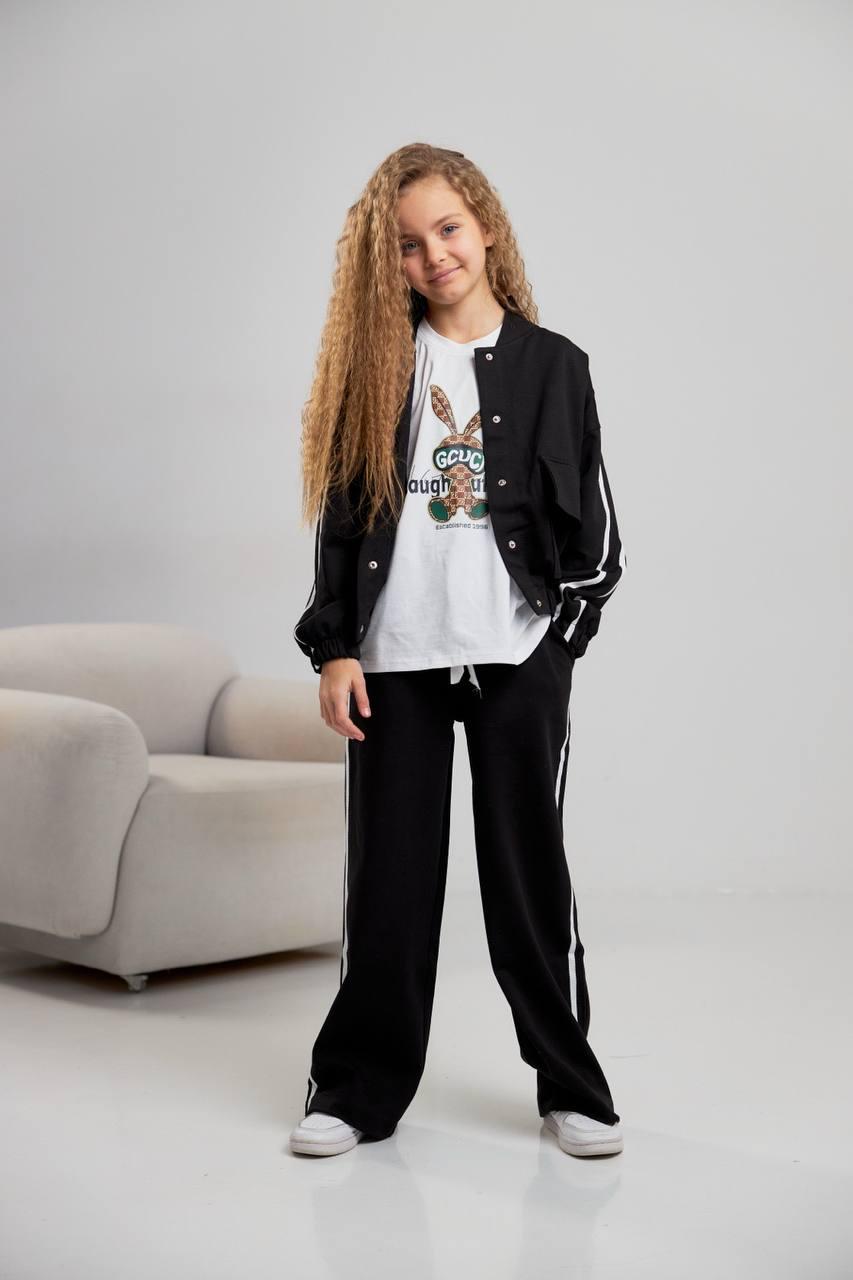 Костюм на дівчинку A Kids 3в1 двонитка з лампасами 140-146 см Чорний з білим