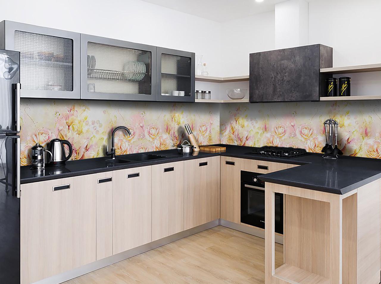 Кухонный фартук Акварельные розы из самоклеющейся виниловой пленки 60х300 см Желтый