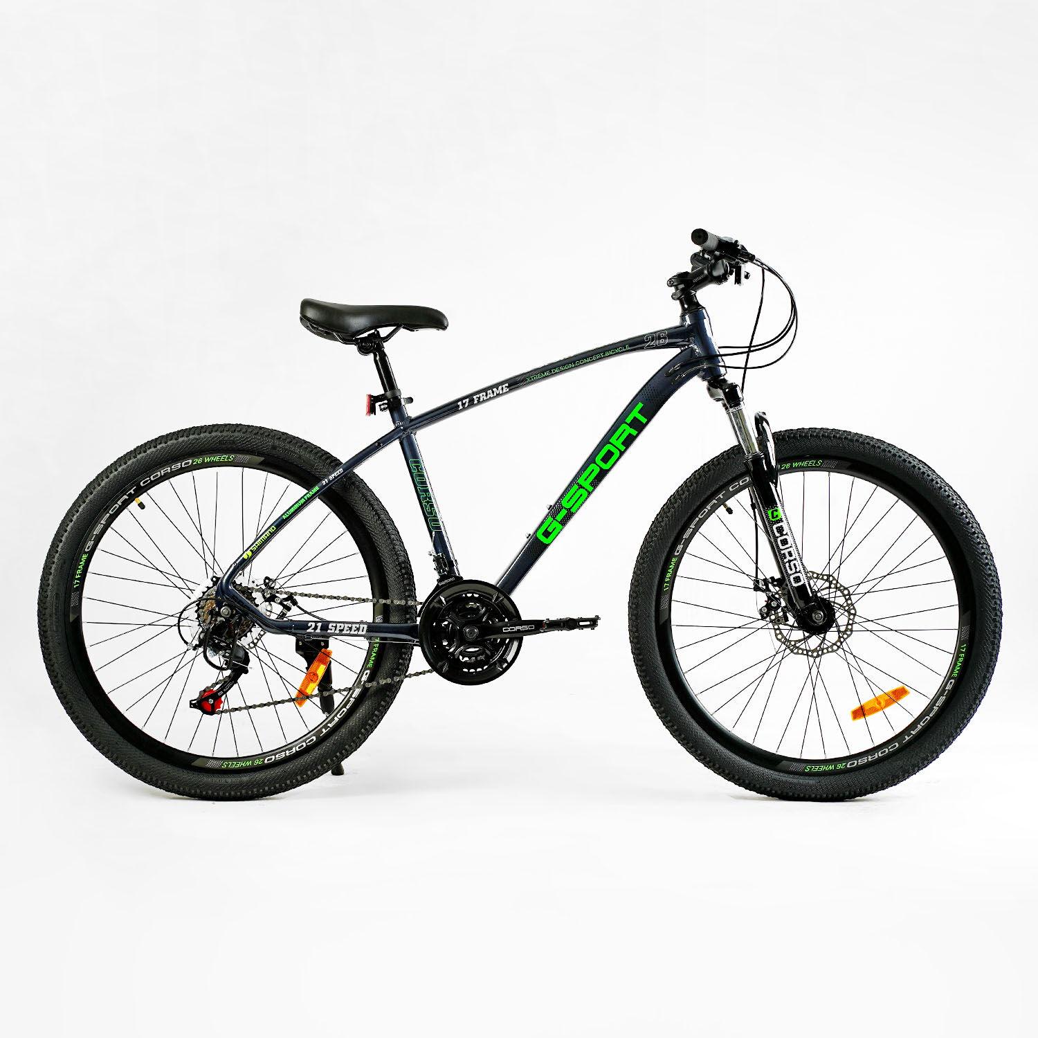 Велосипед спортивный Corso G-SPORT 26" 21 скорость рама алюминиевая 17" оборудование Shimano Black (138269)
