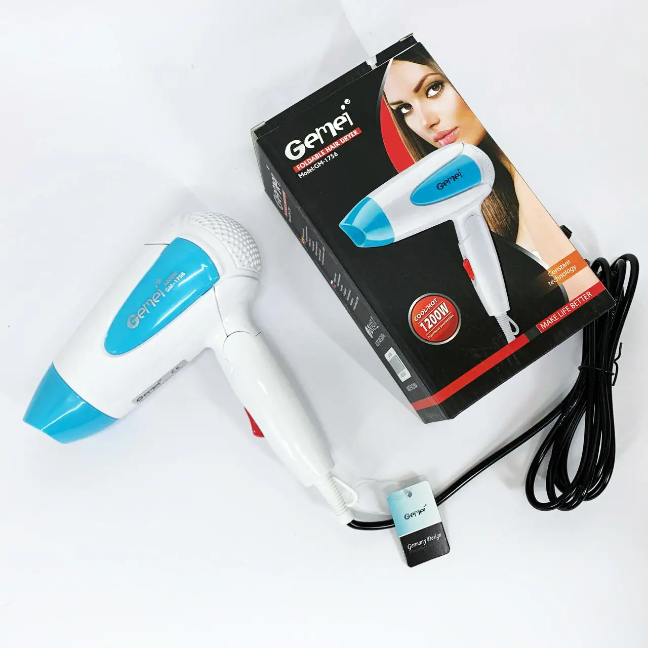 Фен дорожный Gemei GM-1756 1200 Вт складной с концентратором Голубой (ML-05272) - фото 7