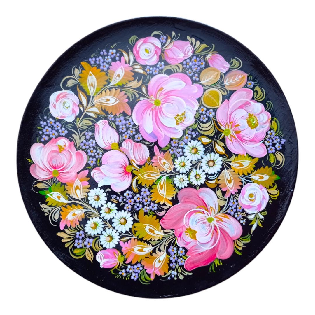 Тарілка дерев'яна Ніжні троянди декоративна з петриківським розписом 30 см