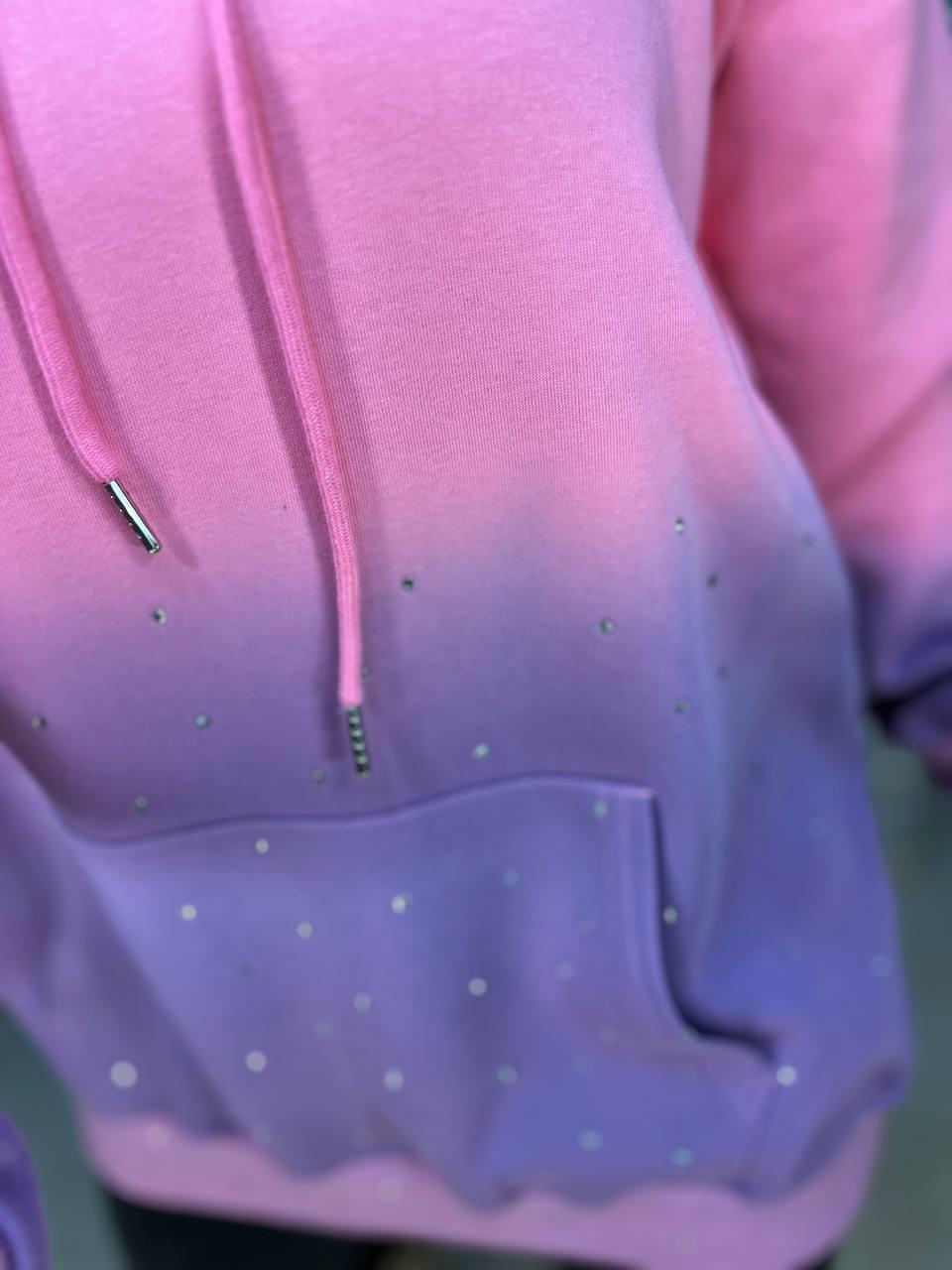 Худі жіноче JOY ONE 3009 з капюшоном подовжене градієнт кольору розсип камінців OS Рожевий (2593) - фото 4