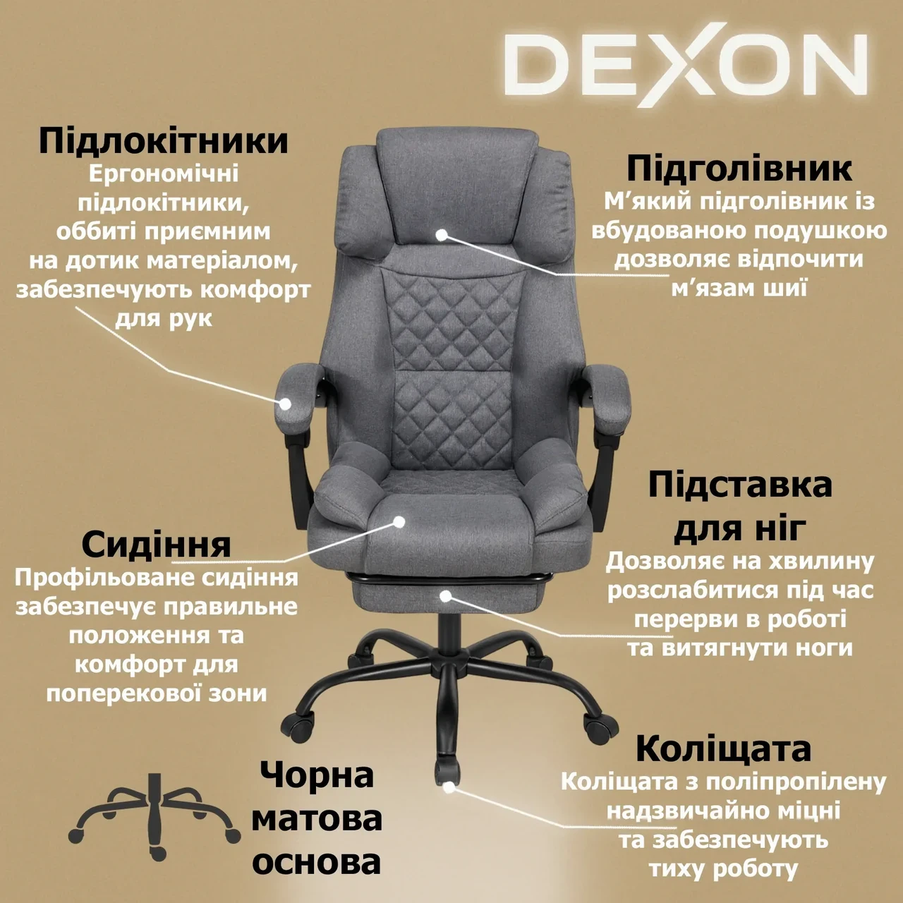 Крісло комп'ютерне DEXON ELITE з тканини з підставкою для ніг Сірий - фото 3 Крісло комп'ютерне DEXON ELITE з тканини з підставкою для ніг Сірий - фото 3