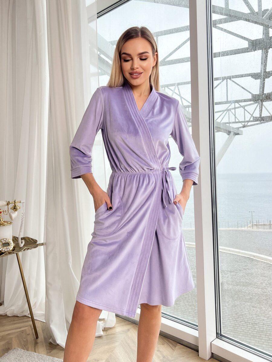 Халат женский Julia Ulich на запах с рукавами три четверти велюровый L Сиреневый (ХВ2_52) - фото 4