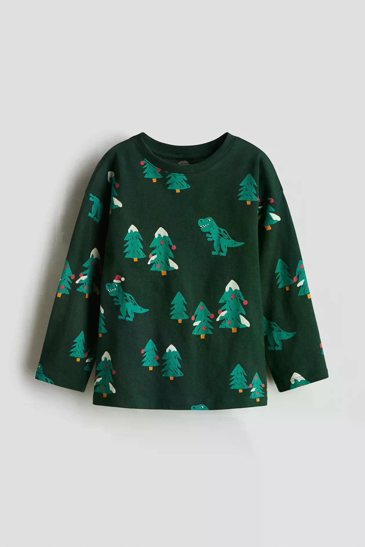 Лонгслів дитячий для хлопчика новорічний H&M 98-104 см Темно-зелений (25111708B)