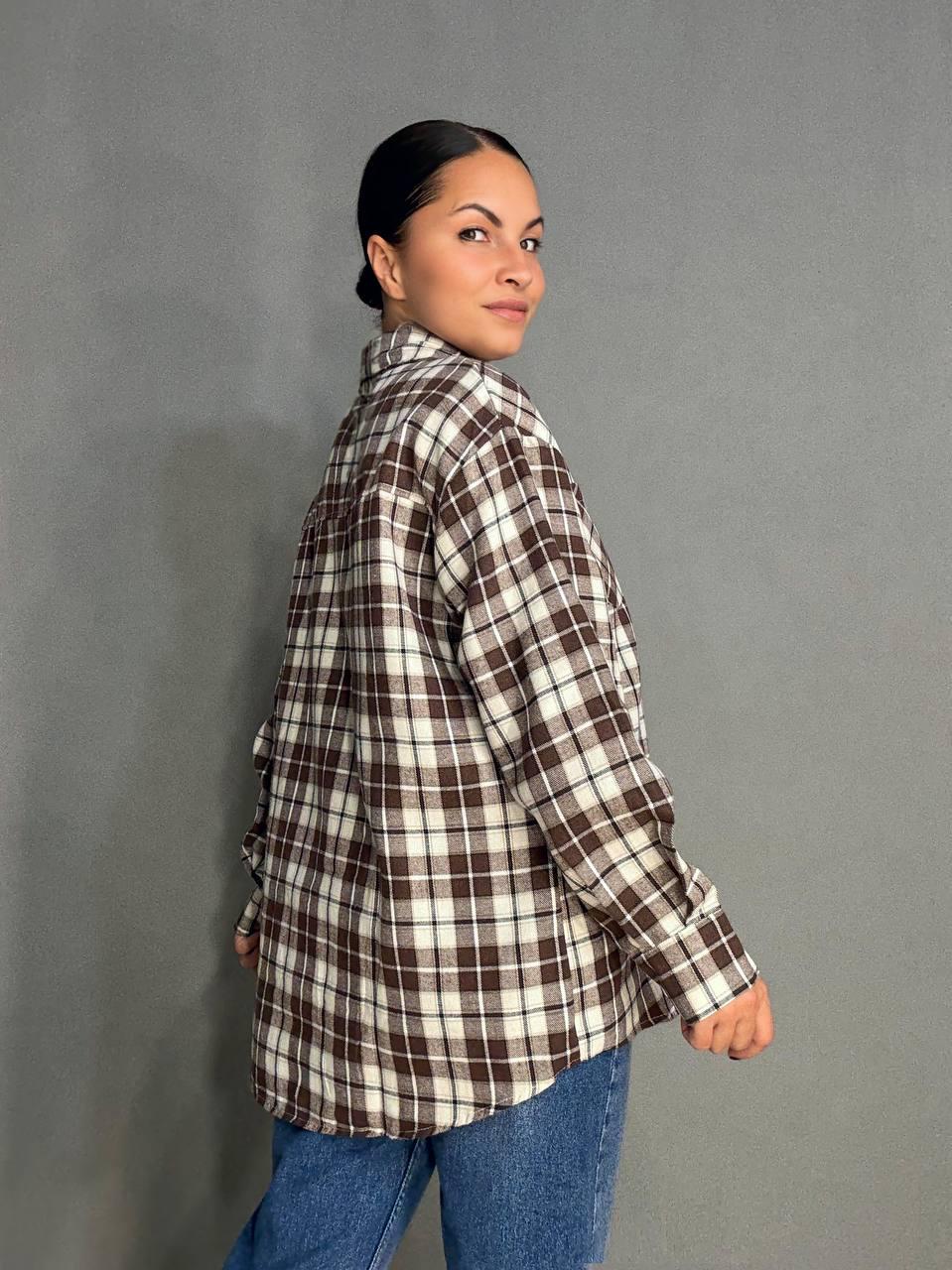 Сорочка жіноча Baoyu 225-1 в клітинку оверсайз фланель OS Світло-коричневий (4764) - фото 3