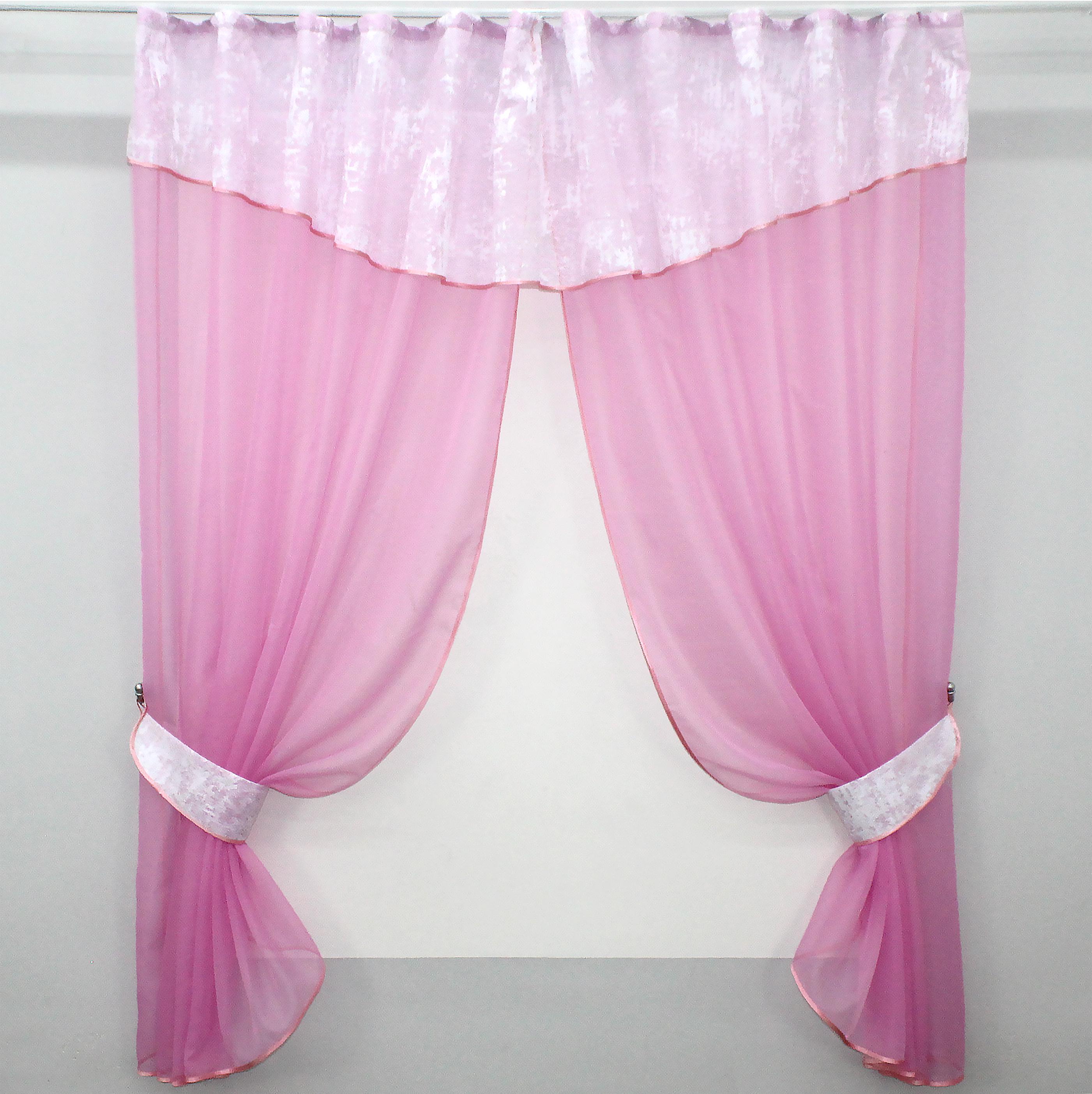 Кухонные шторы VR-Textil №084к с ламбрекеном и подвязками 280х170 см Розовый с белым (52-0637)