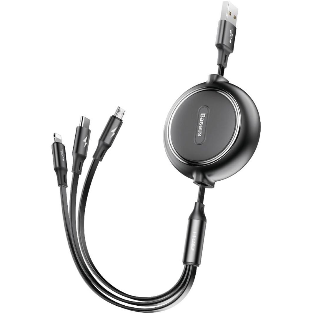 Кабель Baseus CAMLT-JH01 3в1 Golden Loop Elastic Cable USB to Type-C/Lightning/MicroUSB 3,5A 1,2 м Black - фото 1 Кабель Baseus CAMLT-JH01 3в1 Golden Loop Elastic Cable USB to Type-C/Lightning/MicroUSB 3,5A 1,2 м Black - фото 1