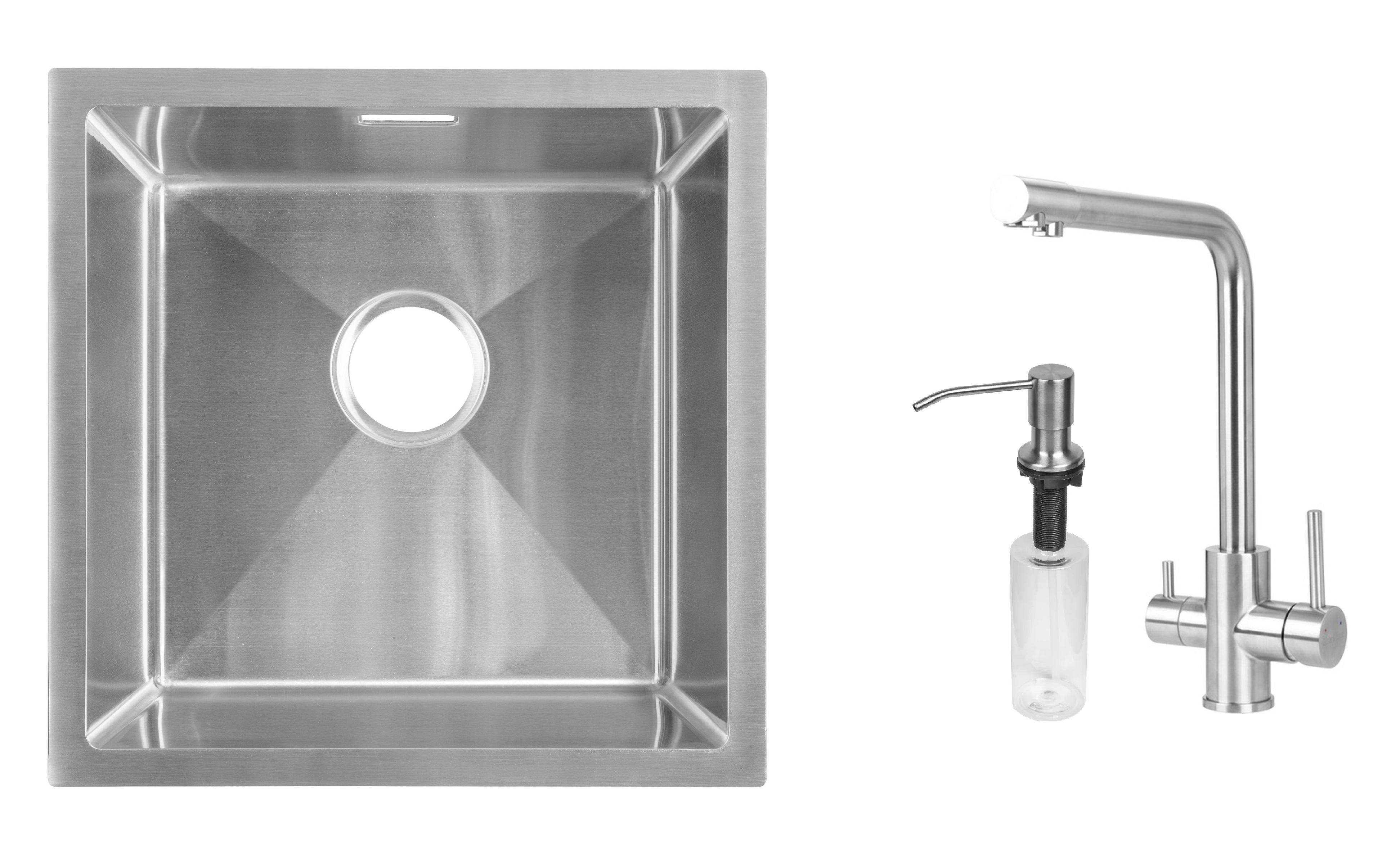 Комплект из кухонной мойки Gunter&Hauer Olef 4522 Inox кухонного смесителя Gunter&Hauer PERLE Brush и дозатора Gunter&Hauer SOAP DISPENSER Inox