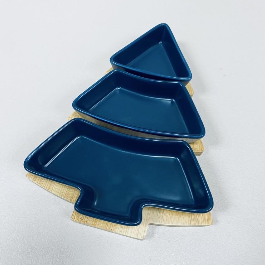 Менажниця керамічна Olens 8030-354 Синя ялинка на бамбуковій підставці 3-х секційна (2387257924)