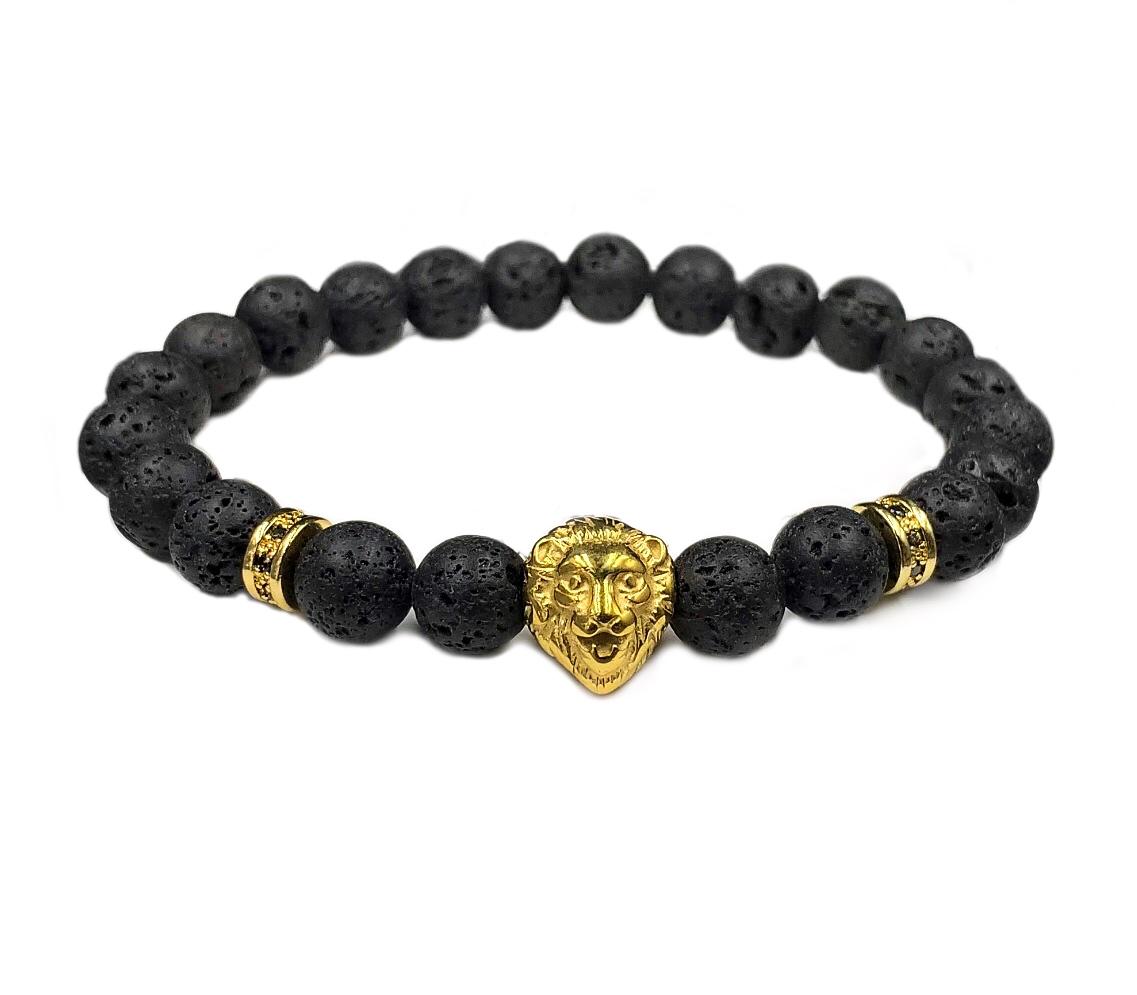Браслет из лавового камня со львом р. 19 Золотой/Черный (50014)