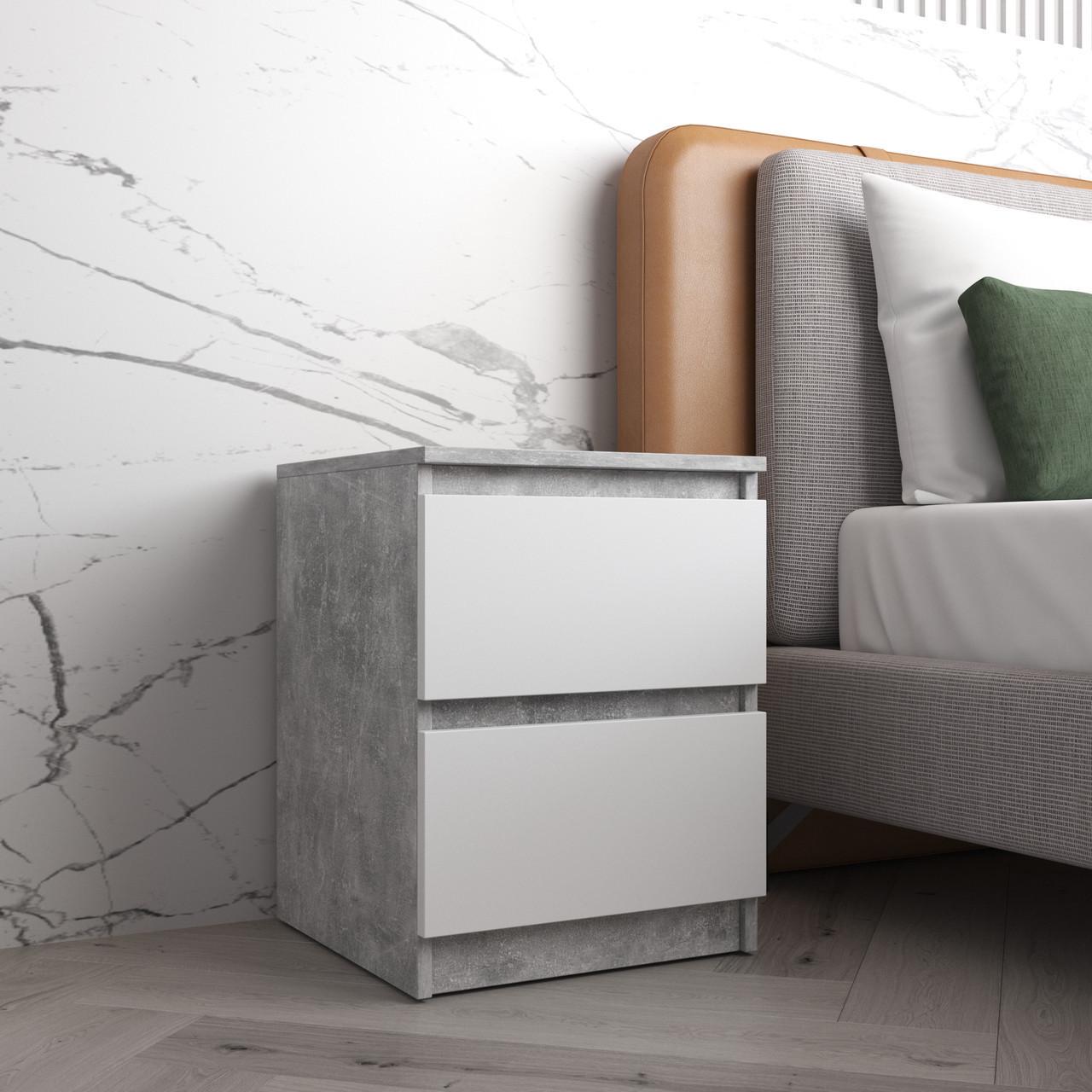 Тумба прикроватная VAYS с 2 ящиками и телескопическими направляющими 40х40х53 см Бетон/Белый (30642229)
