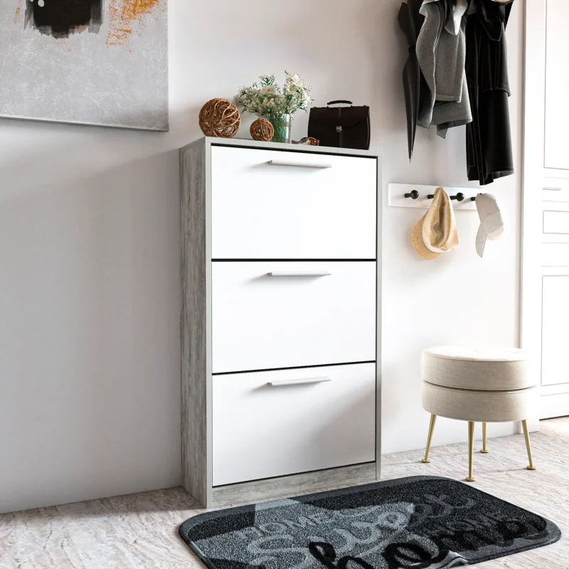 Тумба под обувь на 3 отделения для прихожей ST0021 590х280х1200 мм ДСП 16 мм Бетон/Белый (20262968)