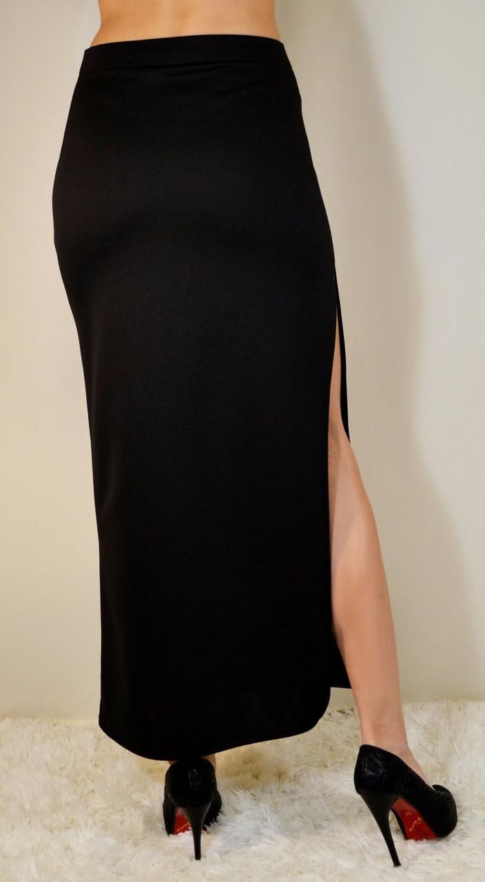 Женская юбка по щиколотку длинная трикотажная с разрезом справа по шву однотонная р. 38 Черный (1577347380) - фото 3
