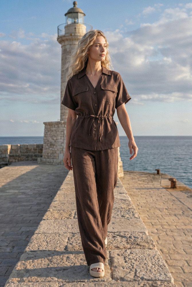 Комплект рубашки со штанами из итальянского льна Seventeen XXL/3XL Шоколад (35743741)