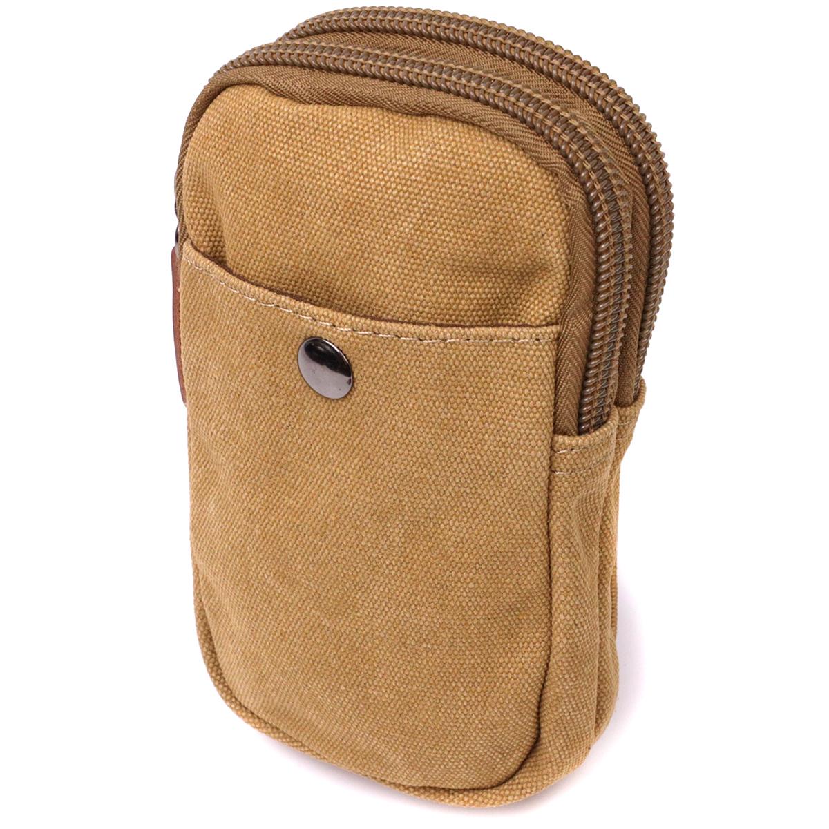 Мужская сумка-чехол на пояс Vintage Bag 22227 из текстиля с металлическим карабином Песочный